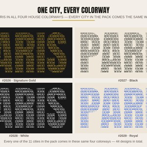 May include: A graphic print featuring the word PARIS in four colourways: gold on black, black on cream, white on black, and blue on cream. Each letter is composed of repeated text. The header reads ONE CITY, EVERY COLOURWAY.
