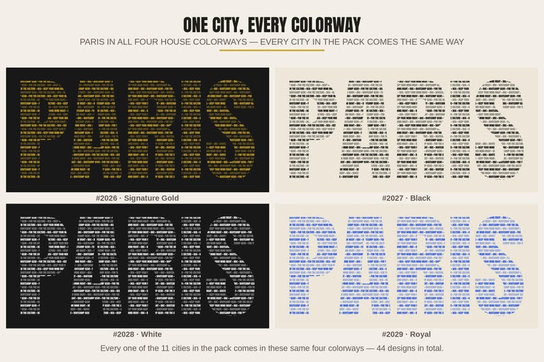 May include: A graphic print featuring the word PARIS in four colourways: gold on black, black on cream, white on black, and blue on cream. Each letter is composed of repeated text. The header reads ONE CITY, EVERY COLOURWAY.