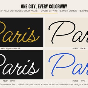 以下が含まれることがあります： ONE CITY, EVERY COLORWAYというタイトルのグラフィック表示。Parisという単語が4つのバリエーションで示されています。#1962は黒地にゴールド、#1963はクリーム地に黒、#1964は黒地に白、#1965はクリーム地にロイヤルブルーで表記されています。