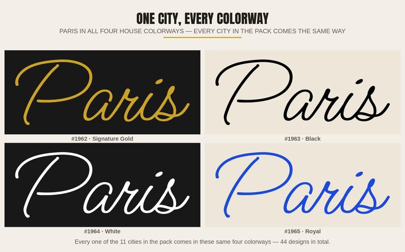 以下が含まれることがあります： ONE CITY, EVERY COLORWAYというタイトルのグラフィック表示。Parisという単語が4つのバリエーションで示されています。#1962は黒地にゴールド、#1963はクリーム地に黒、#1964は黒地に白、#1965はクリーム地にロイヤルブルーで表記されています。