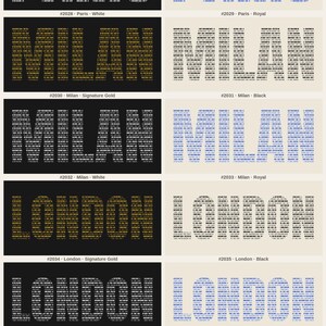 May include: A collection of graphic prints featuring the city names Paris, Milan, London, and Barcelona. Each name is composed of small repeated text blocks in gold, black, white, or royal blue on contrasting backgrounds, labelled with design numbers.