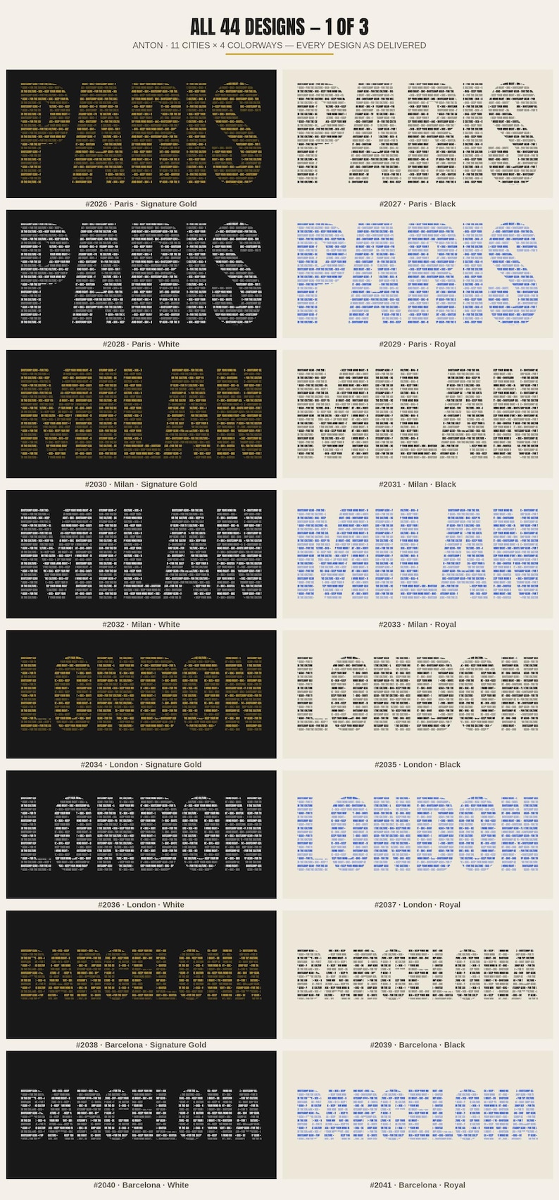 May include: A collection of graphic prints featuring the city names Paris, Milan, London, and Barcelona. Each name is composed of small repeated text blocks in gold, black, white, or royal blue on contrasting backgrounds, labelled with design numbers.