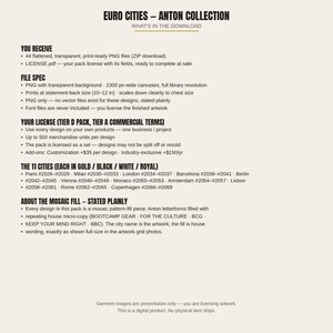 May include: A digital product information sheet titled Euro Cities - Anton Collection. It lists 44 transparent PNG files, file specifications, licensing terms for 11 cities including Paris, London, and Rome, and details about the mosaic fill design.