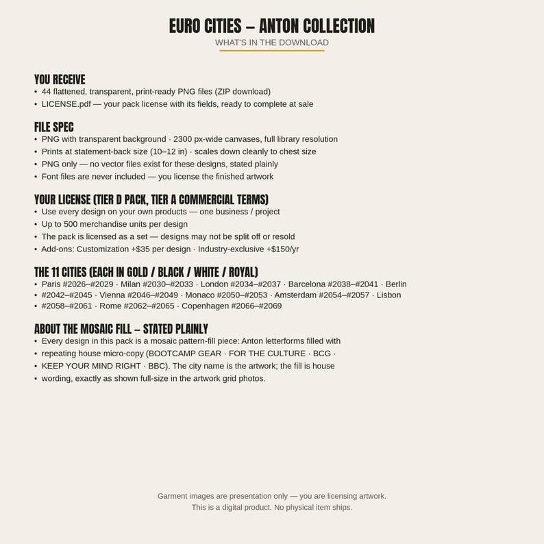 May include: A digital product information sheet titled Euro Cities - Anton Collection. It lists 44 transparent PNG files, file specifications, licensing terms for 11 cities including Paris, London, and Rome, and details about the mosaic fill design.