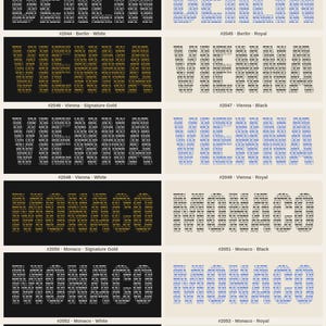 May include: A graphic display titled ALL 44 DESIGNS - 2 OF 3 featuring city names Berlin, Vienna, Monaco, and Amsterdam. Each name is composed of repeated text in gold, black, white, or royal blue on contrasting backgrounds with ID numbers.