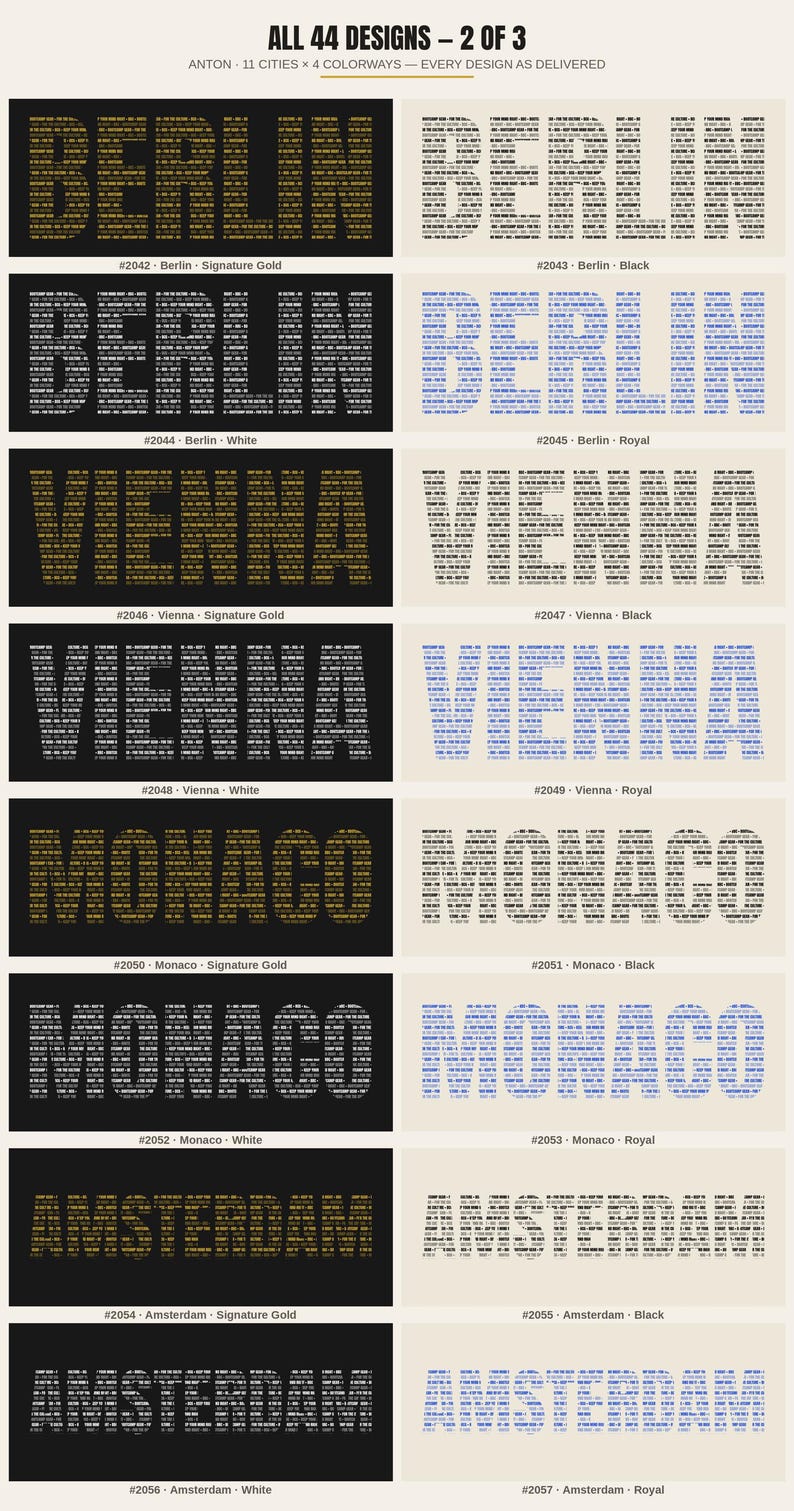 May include: A graphic display titled ALL 44 DESIGNS - 2 OF 3 featuring city names Berlin, Vienna, Monaco, and Amsterdam. Each name is composed of repeated text in gold, black, white, or royal blue on contrasting backgrounds with ID numbers.