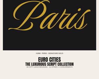 EUROSTÄDER — Lyxig skriftsamling · 44 logotyper för stadsnamn · 11 städer × 4 färgställningar · Paket #LUX-44