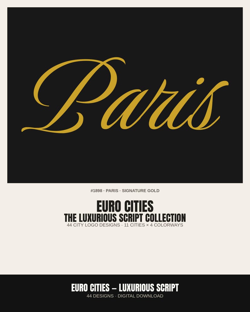 EURO CITIES — Luxurious Script Collection · 44 City Name Logo Designs · 11 Cities × 4 Colorways · Bundle #LUX-44 image 1