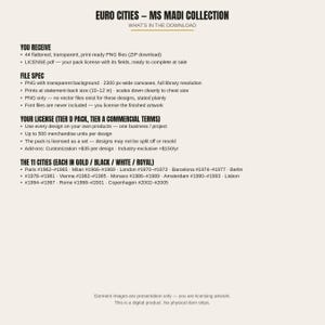 以下が含まれることがあります： EURO CITIES &ndash; MS MADI COLLECTIONというタイトルのデジタル製品情報シート。44個のフラット化された透明な印刷用PNGファイル、ファイル仕様、500ユニットのライセンス条件、およびゴールド、ブラック、ホワイト、ロイヤルカラーの11都市が記載されています。