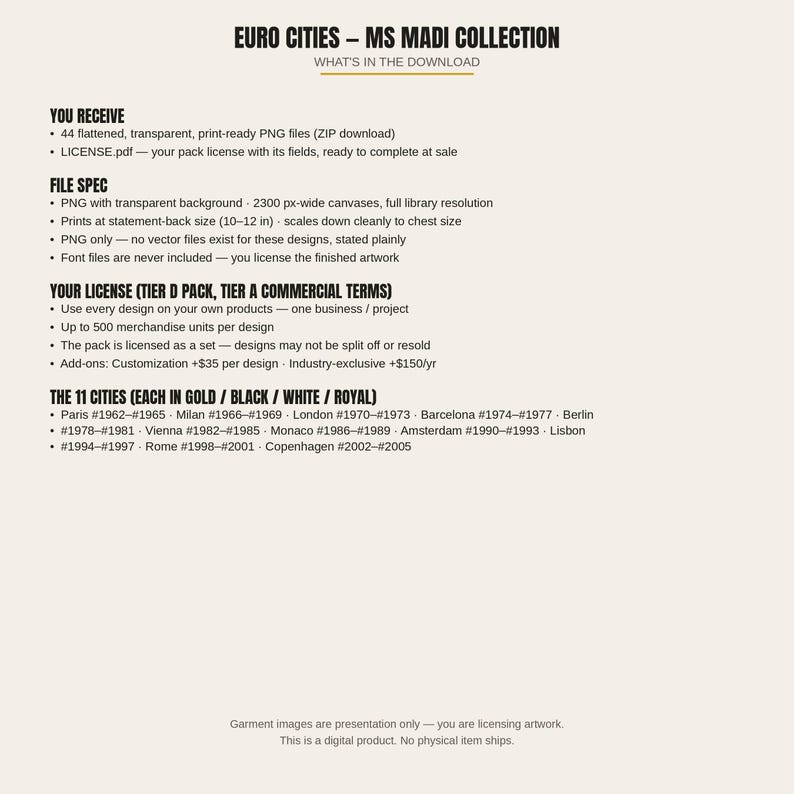 以下が含まれることがあります： EURO CITIES &ndash; MS MADI COLLECTIONというタイトルのデジタル製品情報シート。44個のフラット化された透明な印刷用PNGファイル、ファイル仕様、500ユニットのライセンス条件、およびゴールド、ブラック、ホワイト、ロイヤルカラーの11都市が記載されています。