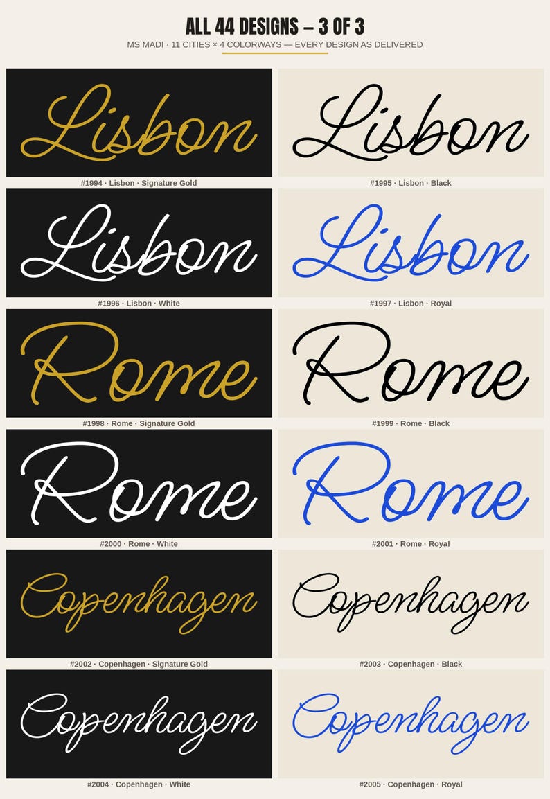 以下が含まれることがあります： ALL 44 DESIGNS - 3 OF 3と題されたグラフィック表示。Lisbon、Rome、Copenhagenの筆記体テキストがゴールド、ブラック、ホワイト、ロイヤルブルーで配置されています。各項目には参照番号と色名が記載され、背景は黒とクリーム色に分かれています。