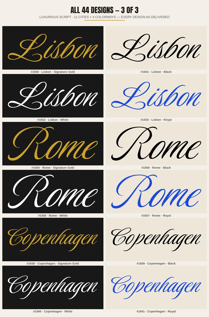EURO CITIES — Luxurious Script Collection · 44 City Name Logo Designs · 11 Cities × 4 Colorways · Bundle #LUX-44 image 4