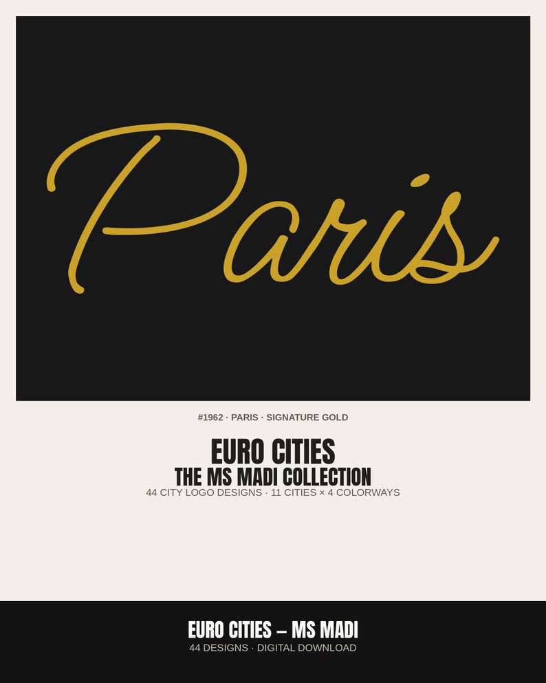 以下が含まれることがあります： 黒い背景に金色の筆記体でParisと書かれたデジタルグラフィックプリント。下部には#1962 PARIS SIGNATURE GOLD、EURO CITIES THE MS MADI COLLECTION、44 CITY LOGO DESIGNS 11 CITIES 4 COLORWAYS、EURO CITIES MS MADI 44 DESIGNS DIGITAL DOWNLOADというテキストが記載されています。