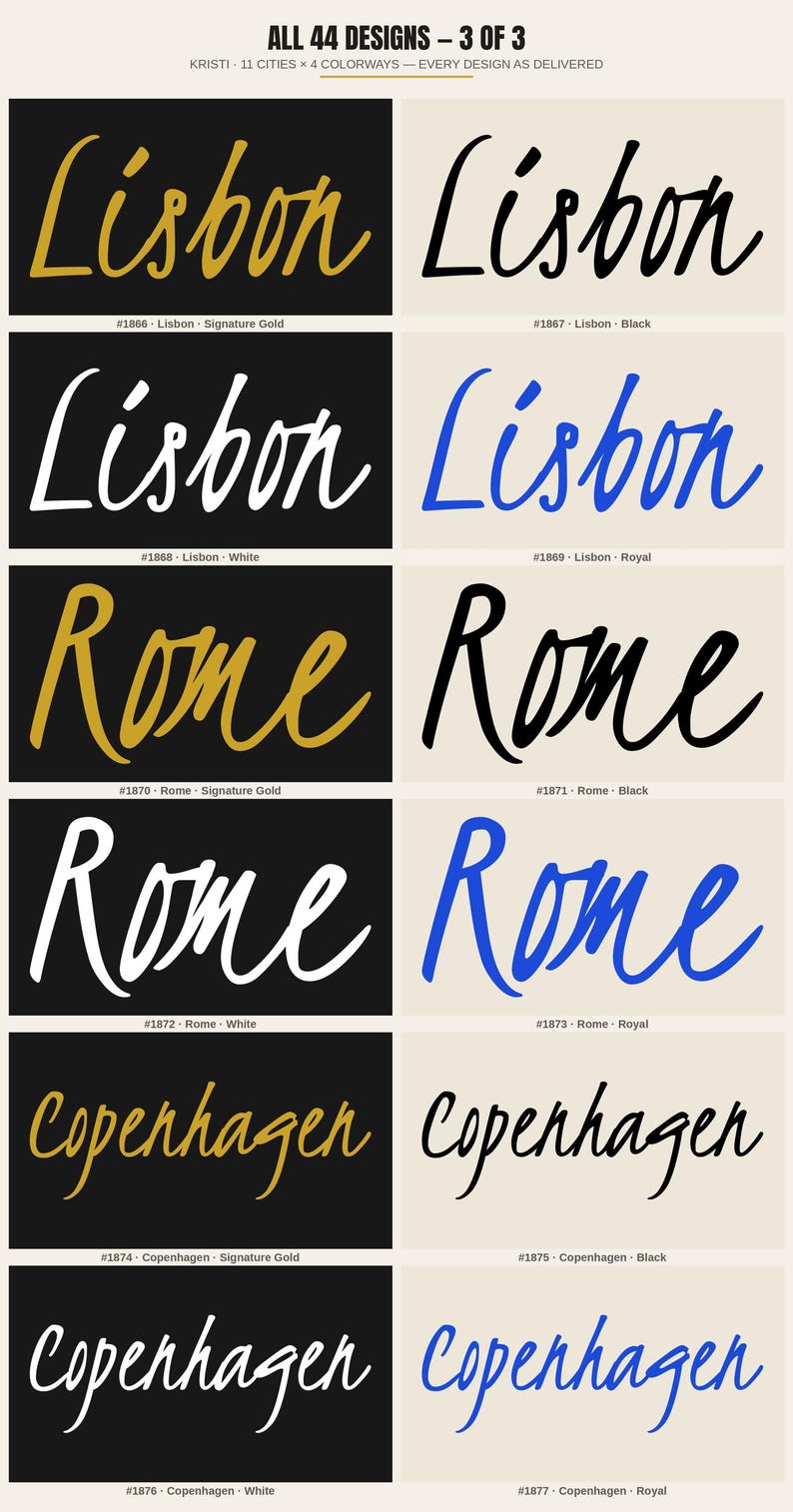 EURO CITIES — Kristi Script Collection · 44 City Name Logo Designs · 11 Cities × 4 Colorways · Bundle #KRISTI-44 image 4