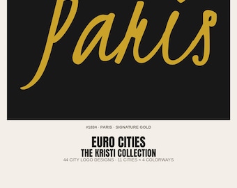 EUROSTÄDER — Kristi Script-kollektion · 44 logotyper för stadsnamn · 11 städer × 4 färgställningar · Paket #KRISTI-44
