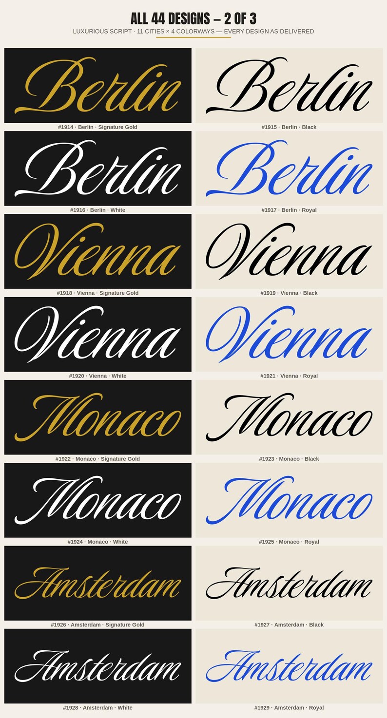 EURO CITIES — Luxurious Script Collection · 44 City Name Logo Designs · 11 Cities × 4 Colorways · Bundle #LUX-44 image 3