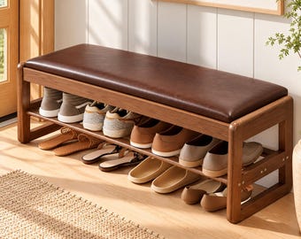 Modern Rubberwood Shoe Storage Bench with Flip Top Seat and 2 Tier Rack