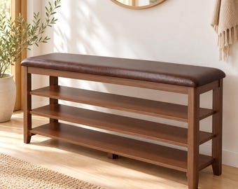 Modern Wood Shoe Storage Bench with Cushioned Seat for Entryway and Hallway