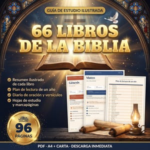 Guia de estudo bíblico para imprimir em espanhol: Resumo ilustrado dos 66 livros da Bíblia, plano de leitura e diário, PDF A4 e Carta