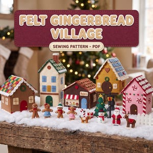 Felt Gingerbread House Pattern PDF, 5 Standing 3D Christmas Village Houses with Gingerbread Man Figures, Mantel Decor Sewing Template