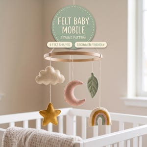 Felt Baby Crib Mobile Sewing Pattern PDF, Cloud Moon Star Rainbow Leaf Nursery Mobile, Hanging Felt Shapes on Wooden Hoop, Hand Sewing DIY