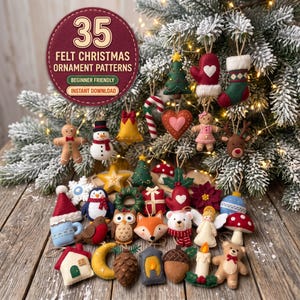Felt Christmas Ornament Patterns PDF, 35 Handmade Tree Decorations to Sew, Snowflake Reindeer Gingerbread Owl, Beginner Hand Sewing
