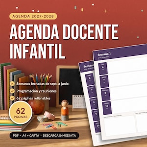 May include: A 2027-2028 teacher planner with the text AGENDA DOCENTE INFANTIL. The planner features weekly layouts with purple headers, labeled days of the week, and blank sections. Includes a stack of books, pencils, an apple, and a small wooden figure.