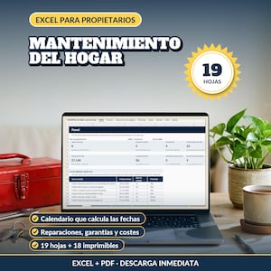 Mantenimiento del hogar: libro de cálculo Excel de 19 hojas con calendario de tareas, reparaciones, garantías, costes y 18 imprimibles