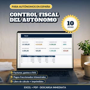 Control fiscal para autónomos en España: libro de cálculo Excel con facturas, gastos, IVA (303) y pago fraccionado (130), guía e imprimibles