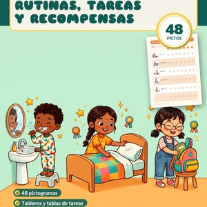 Rutinas, tareas y recompensas para niños 3-8 años: 48 pictogramas, tableros, tablas semanales, medallas y vales, PDF imprimible