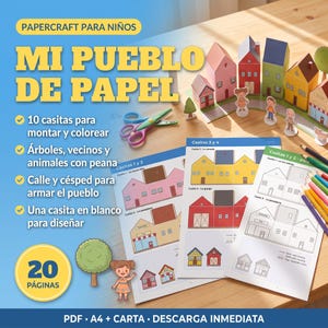 Papercraft casitas de papel para montar: pueblo imprimible para colorear, 10 casitas y figuras de cartulina, PDF A4 y Carta