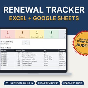 May include: A digital renewal tracker spreadsheet for Excel and Google Sheets displayed on a laptop screen. The interface features status columns for expired, due soon, upcoming, and ok items, with a table listing dates, items, and categories.