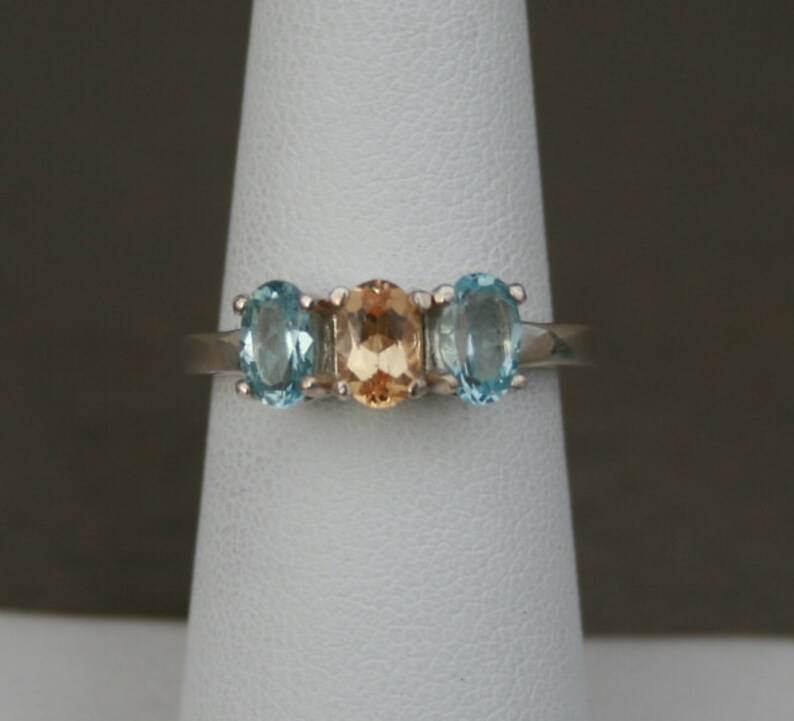 Topaz Ring Precious Topaz and Sky Blue Topaz Three Stone Ring November Birthstone Ring