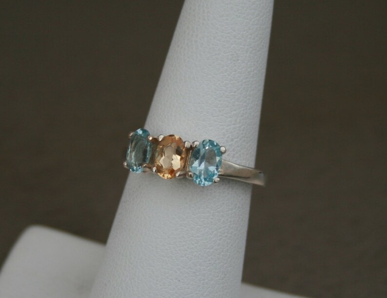 Topaz Ring Precious Topaz and Sky Blue Topaz Three Stone Ring November Birthstone Ring
