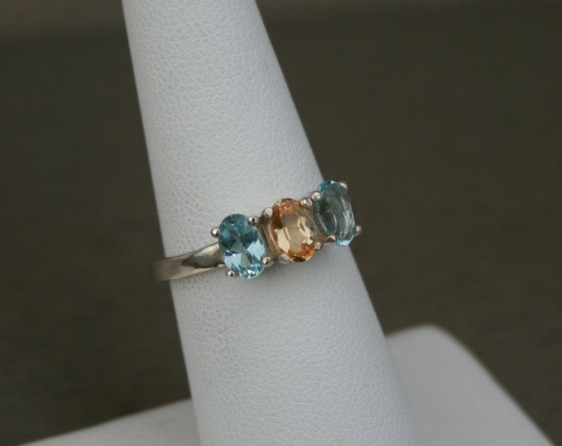 Topaz Ring Precious Topaz and Sky Blue Topaz Three Stone Ring November Birthstone Ring