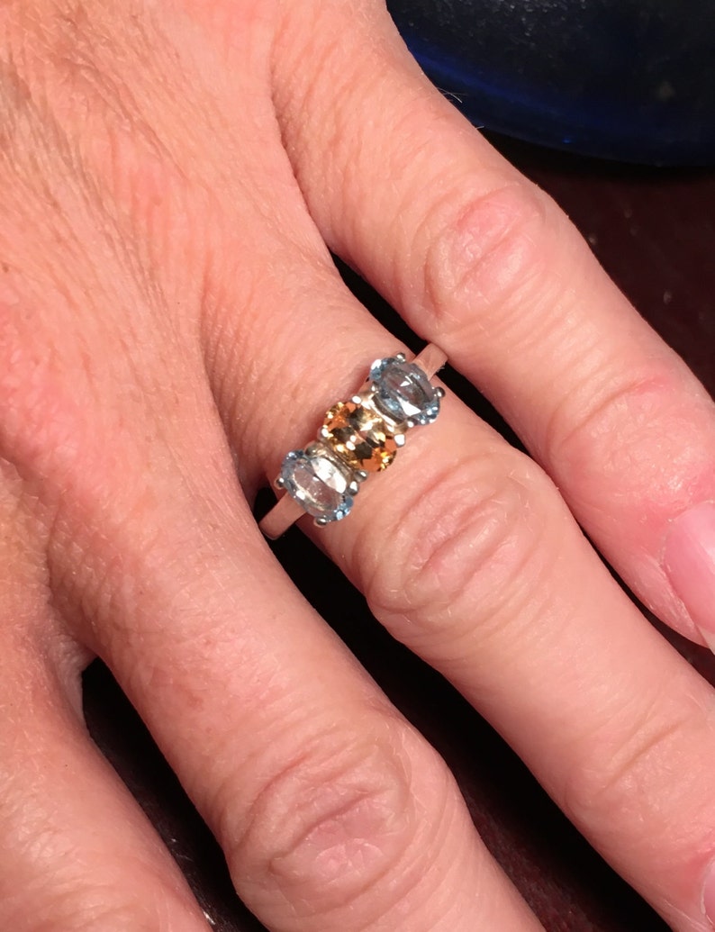 Topaz Ring Precious Topaz and Sky Blue Topaz Three Stone Ring November Birthstone Ring