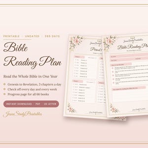 Puede incluir: Un documento imprimible de plan de lectura bíblica con detalles florales. El texto dice Bible Reading Plan, Jesus Study Printables, e incluye secciones para seguir los capítulos diarios desde Génesis hasta Apocalipsis.