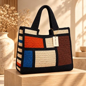 May include: A rectangular crochet tote bag featuring a color-blocked design in black, cream, orange, blue, and brown. The bag has two sturdy handles and a small rectangular tag attached to the front that reads Happy Design.
