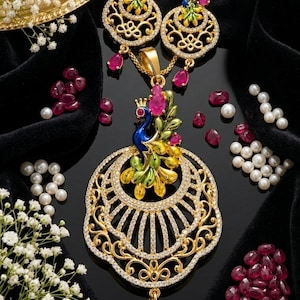 Gold Plated Peacock Meenakari Pendant Set with Earrings | Artificial CZ Ruby Statement Jewelry | Enamel Peacock Necklace