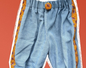 Handmade Baby or Toddler Pants with African Shweshwe Print | Blue Jeans Toddler Trousers | Unisex Baby Clothing | 6–9 Months