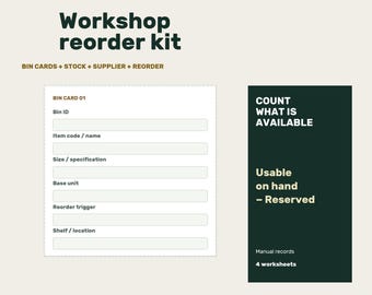 Workshop Inventory & Reorder Sheets PDF, Printable Bin Cards