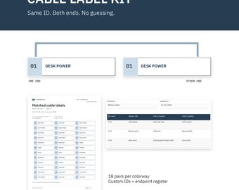 Home Office Cable Label Kit | 18 Matched Pairs, Custom IDs and Device Register | Printable Fillable PDF, A4 and Letter