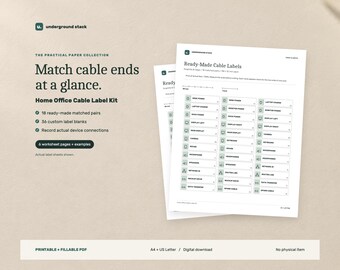 Kabeletiketter för hemmakontoret i PDF-format: Matchande kabeletiketter, anpassade blanketter och enhetsregister