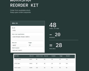 Workshop Reorder Kit | Bin Cards, Available Stock, Supplier Comparison and Receipt Log | Fillable Printable PDF