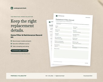 PDF-dokument för hemunderhåll: Apparatdetaljer, filterspårare, servicelogg och inköpskort
