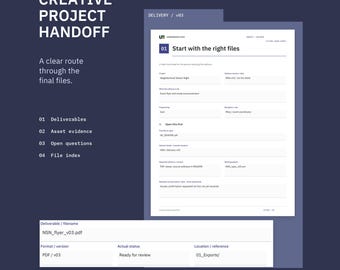 Creative Project Handoff Kit | Deliverables, Asset Permissions, Open Questions and File Index | Fillable Printable PDF