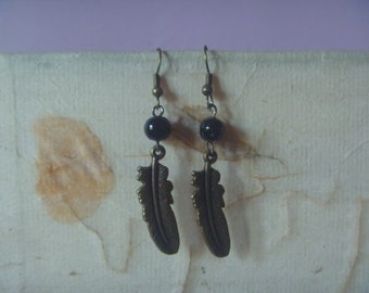 feather pendant earrings, bronze and black refashioned feather pendant earrings