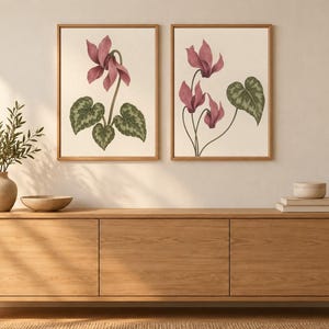 Cyclamen Printable Wall Art, Botanical Winter Print Set, Cyclamen Flower and Leaf Art, Digital Download, Instant Download