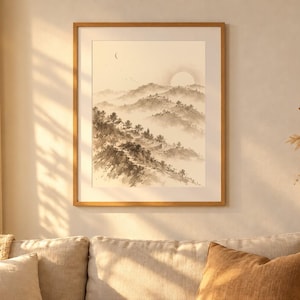 Layered Hills Printable Wall Art, Hillside Village Landscape Print, Low Sun and Crescent Moon, Digital Download, Instant Download image 1
