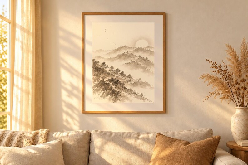 Layered Hills Printable Wall Art, Hillside Village Landscape Print, Low Sun and Crescent Moon, Digital Download, Instant Download image 1